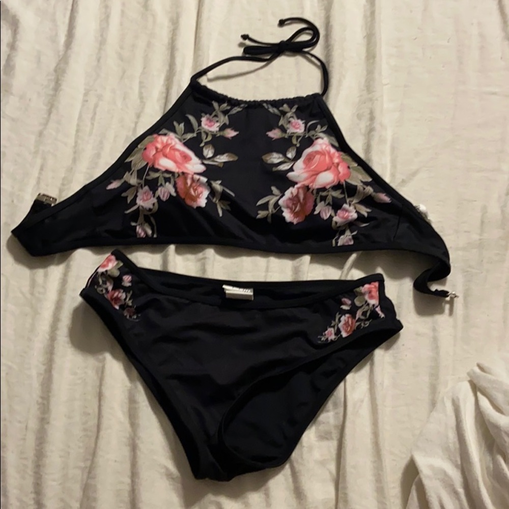 Black floral halter top bikini set